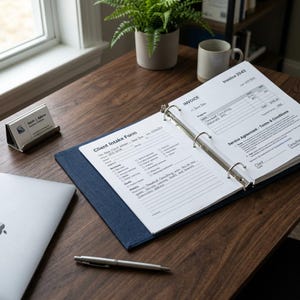 Könnte beinhalten: Ein Holzschreibtisch mit einem Laptop, einem Stift und einem Visitenkartenhalter. Ein offener Ordner zeigt ein Kundenaufnahmeformular und eine Rechnung. Eine kleine Topfpflanze und eine Tasse befinden sich ebenfalls auf dem Schreibtisch.