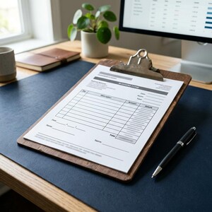 May include: A wooden clipboard with a silver clip holds a business form. A black pen rests on a dark blue desk mat. A small potted plant and a computer monitor are visible in the background.