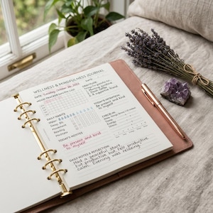 May include: Open wellness and mindfulness journal with gold rings, a pink cover, and a pen. The journal is open to a page with daily habits and notes. A bundle of lavender and an amethyst crystal are nearby.