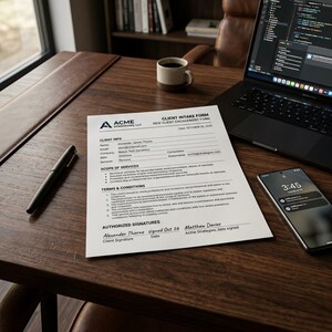 Könnte beinhalten: Ein Kundenaufnahmeformular von Acme Strategies, LLC, mit dem Text "Client Intake Form" und "New Client Engagement Form". Ein schwarzer Stift, eine Tasse Kaffee, ein Laptop und ein Smartphone liegen auf einem Holzschreibtisch.