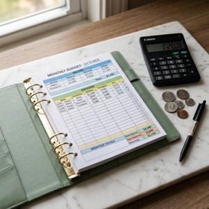 May include: A sage green binder with gold rings holds a monthly budget sheet labeled "October." A black calculator, pen, and coins are on a marble surface. The budget sheet lists income and expenses.