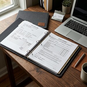 May include: An open black binder with white paper, a gray laptop, and a gray case with a leather patch that reads "JONES LAW" on a wooden desk. A small succulent plant and a coffee mug are also visible.