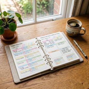 Op de afbeelding: Een planner opengeklapt op een pagina met een gewoontetracker, met de tekst "HABIT TRACKER May 2024". De pagina is gevuld met kleurrijke vakjes om gewoonten bij te houden. Een kop koffie en een pen liggen in de buurt op een houten oppervlak.