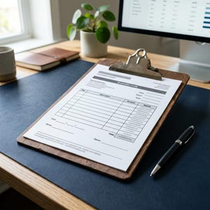 Op de afbeelding: Een houten clipboard met een zilveren clip houdt een bedrijfsformulier vast. Een zwarte pen ligt op een donkerblauwe bureaumat. Een kleine plant in een pot en een computermonitor zijn zichtbaar op de achtergrond.