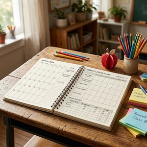 May include: An open spiral-bound planner on a wooden desk, displaying the month of August 2024 and weekly lesson plans. Colored pencils and a paper apple decoration are nearby. The planner includes a grade tracker.