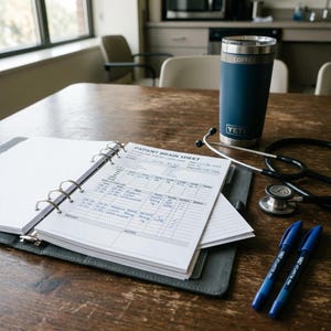 Op de afbeelding: Een medische setting met een donkerblauwe geïsoleerde beker, een stethoscoop, twee blauwe pennen en een map opengeklapt op een "PATIENT BRAIN SHEET" op een houten tafel. De beker heeft het woord "COFFEE" erop.