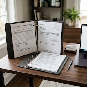 Pode incluir: Uma pasta preta com páginas abertas exibindo documentos comerciais, incluindo uma fatura e um formulário de cadastro de clientes. Um laptop, caneta e porta-cartões de visita também estão na mesa de madeira. Os documentos incluem o texto "The Creative Co."