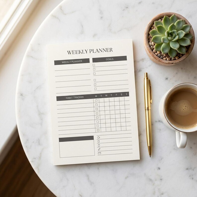 May include: A weekly planner notepad with sections for planning, goals, and habit tracking. A gold pen, a small succulent in a brown pot, and a cup of coffee sit next to the notepad on a white marble surface.