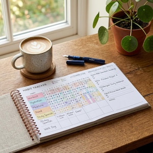 May include: A habit tracker notebook open on a wooden table, with a cup of coffee and a pen nearby. The notebook is open to October 2024, with a colourful grid for tracking habits like workout, hydration, and meditation. A small potted plant is in the background.