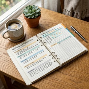 Op de afbeelding: Een open planner op een houten tafel, met een 30-dagen gewoontetracker en wekelijkse beoordelingssecties. Een kopje koffie, een vetplant en een pen staan ook op de tafel. De planner heeft een crèmekleurige kaft en gekleurde tabbladen.
