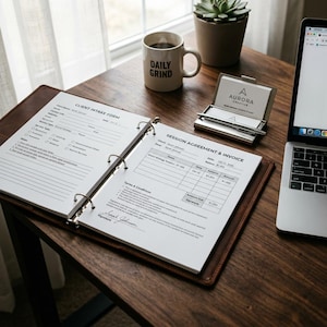 Peut inclure: Scène de bureau avec un classeur en cuir marron contenant des documents ouverts, une tasse à café avec le texte "DAILY GRIND", un porte-cartes avec le texte "AURORA CREATIVE", un ordinateur portable et une petite plante en pot. Les documents incluent un formulaire d'admission client et un accord de session.