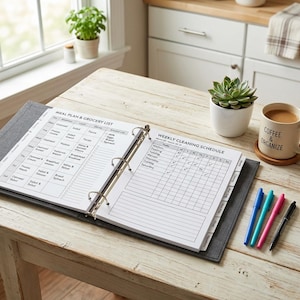 May include: An open gray binder with a meal plan and grocery list, and a weekly cleaning schedule. A mug with the words "Coffee & Organize" sits next to a succulent in a white pot. Four pens in blue, teal, pink, and black are on the table.