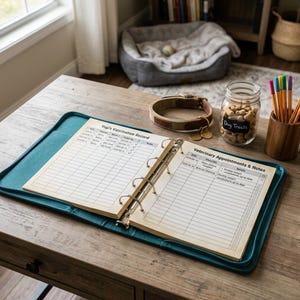 May include: An open teal binder with vaccination and veterinary appointment pages on a wooden table. A dog collar, a jar of dog treats, and a wooden pen holder with pens are also on the table.