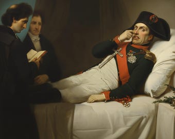 Könnte beinhalten: Ein historisches Gemälde zeigt einen Mann in Militäruniform, der in einem Bett liegt und von zwei Personen betreut wird. Der Mann trägt einen schwarzen Hut, eine grüne Jacke mit roten Akzenten und eine weiße Hose. Die Szene spielt in einem schwach beleuchteten Raum mit drapiertem Hintergrund.