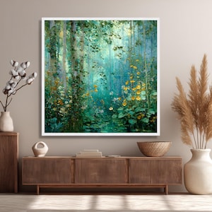 Mystieke bosstroom canvas, Gustav Klimt bloemen natuur kunst aan de muur, rustige bosrijke scène, klaar om op te hangen canvasdecoratie afbeelding 5