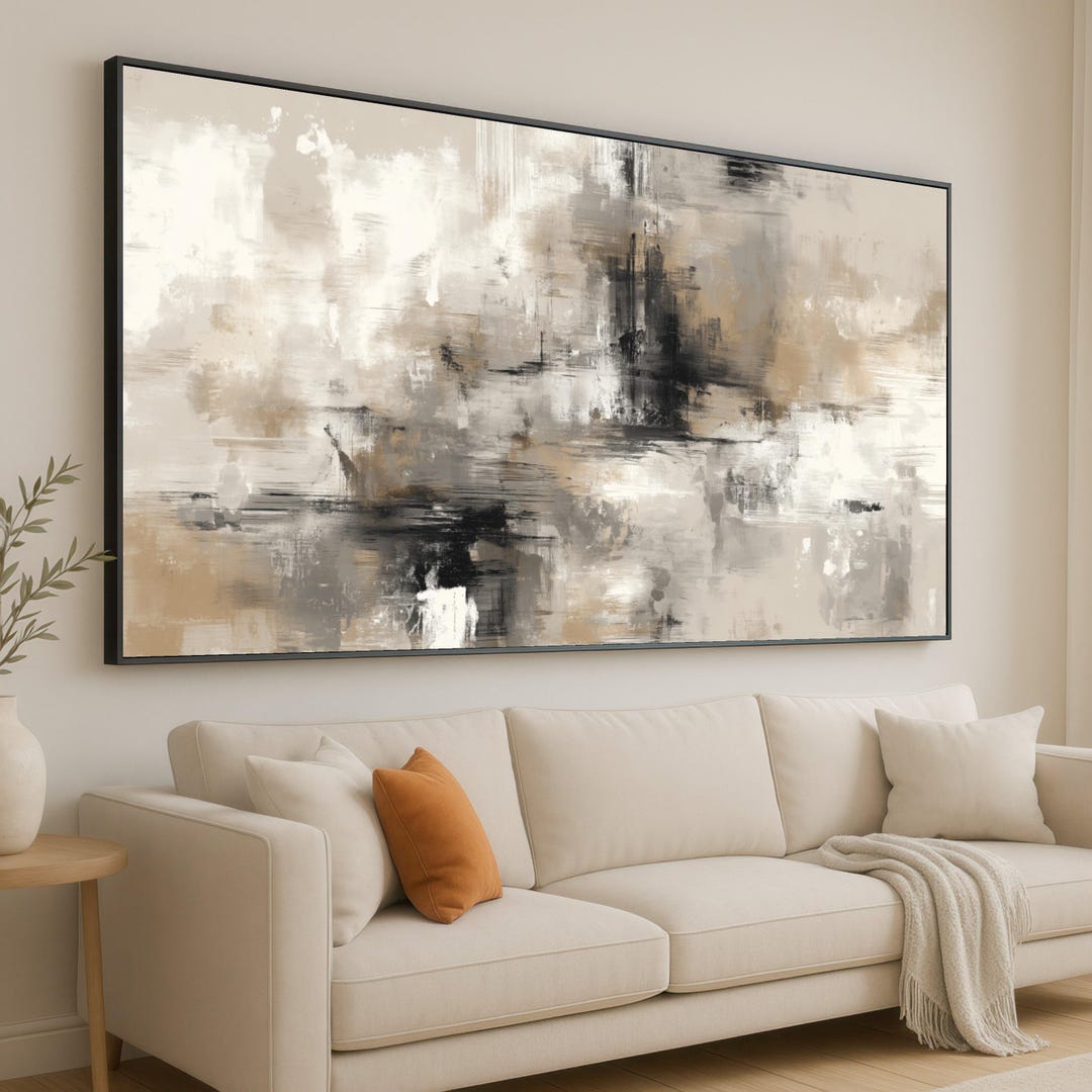Neutral Abstract Canvas Wall Art, Modern Painting, Beige and Black Home ...