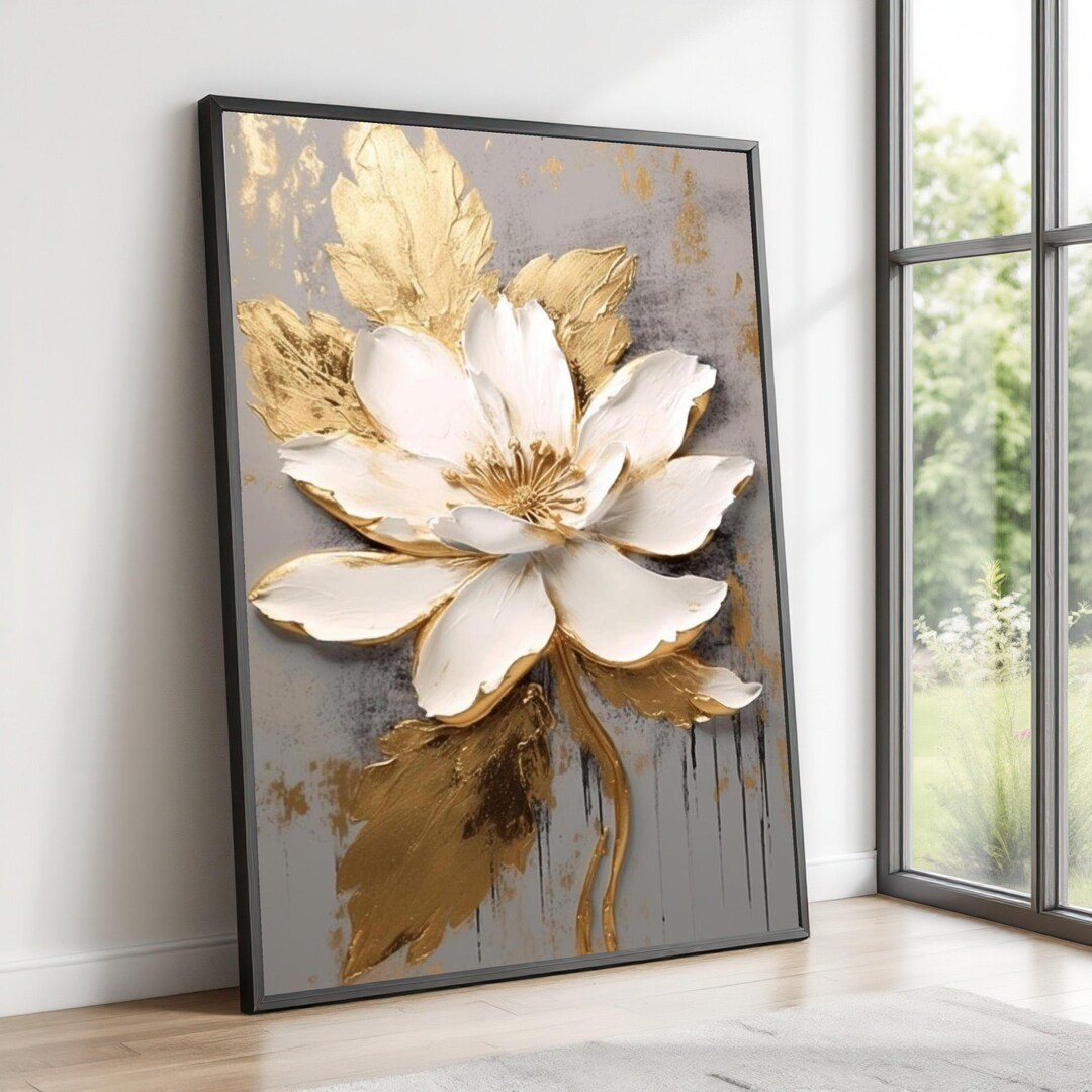 Elegant White and Gold Floral Canvas Wall Art, Luxury Flower Painting ...