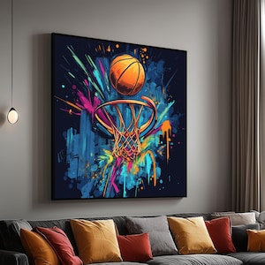 Vibrant Basketball Splash Canvas, Urban Sports Wall Art, Colorful Hoop and Ball Illustration, Dynamic Game Room Decor, Ready to Hang Canvas