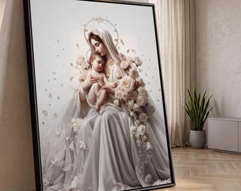 Madonna and Child Canvas Wall Art, Virgin Mary with Baby Jesus, Religious Christian Canvas, Spiritual Home Decor, Sacred Mother and Child