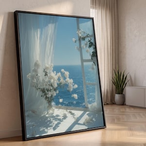 Serene Ocean View with White Roses, Open Window Canvas Wall Art, Coastal Floral Decor, Tranquil Sea Landscape, Soft Curtain Sunlight,