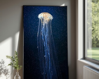 Elegant Jellyfish Canvas Wall Art, Ocean Marine Life Print, Deep Sea Nature Decor, Blue Underwater Canvas, Nautical Wall Decoration