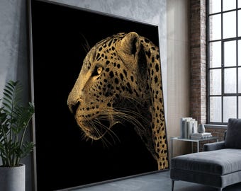 Majestic Leopard Profile Canvas Wall Art, Golden Wildlife Illustration, Animal Art Print, Black Background Decor, Nature Wall Decoration
