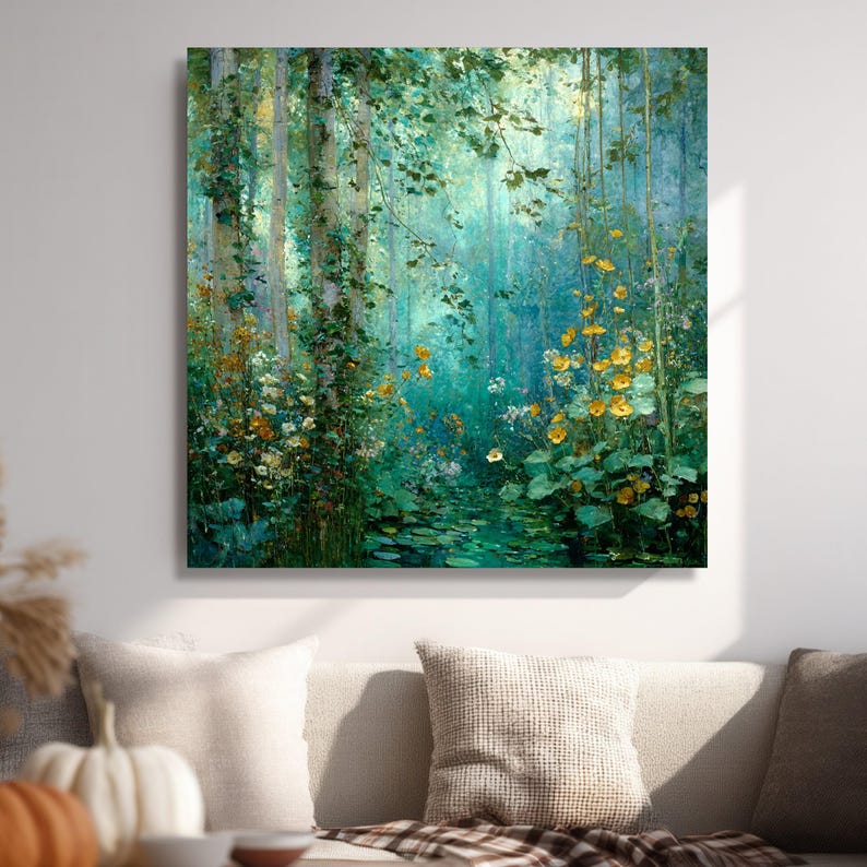 Mystieke bosstroom canvas, Gustav Klimt bloemen natuur kunst aan de muur, rustige bosrijke scène, klaar om op te hangen canvasdecoratie afbeelding 8