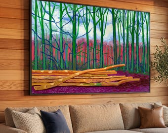 Lienzo con escena de bosque vibrante de David Hockney, arte de pared con troncos de árboles verdes, lienzo con paisaje boscoso colorido, decoración natural para el hogar, listo para colgar.
