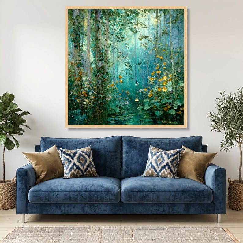 Mystieke bosstroom canvas, Gustav Klimt bloemen natuur kunst aan de muur, rustige bosrijke scène, klaar om op te hangen canvasdecoratie afbeelding 6