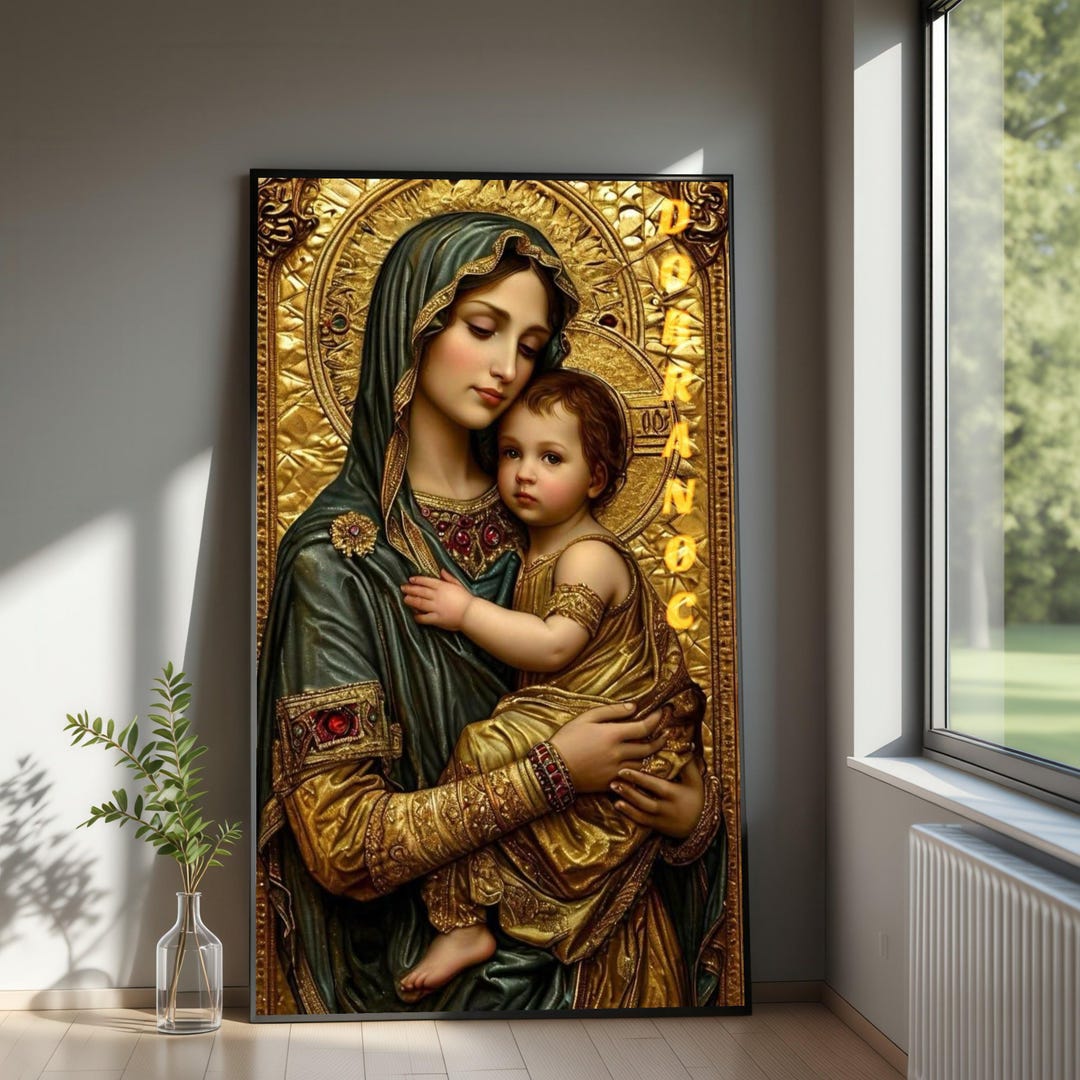 Virgin Mary and Baby Jesus Canvas, Religious Icon Wall Art, Gold ...