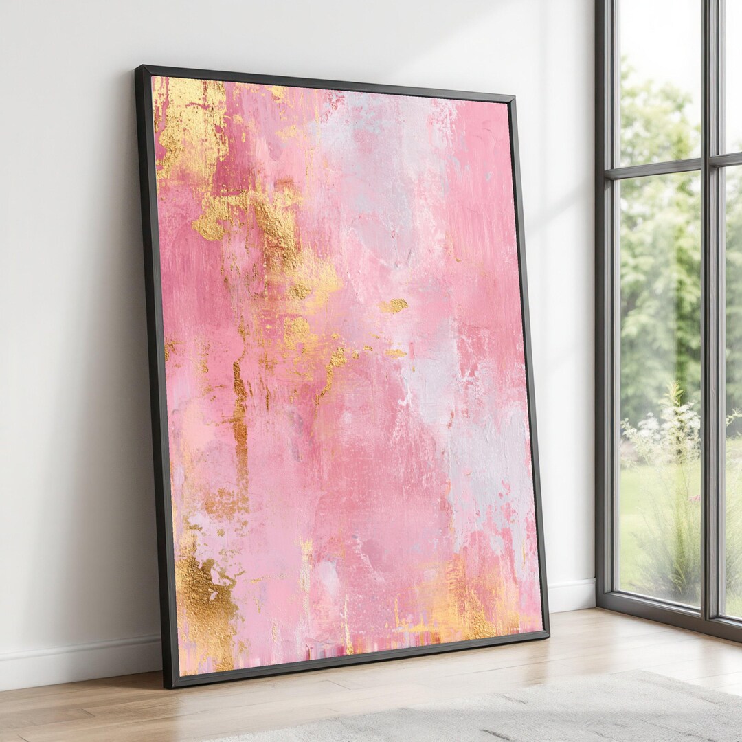 Pink and Gold Abstract Canvas Wall Art, Modern Pastel Painting, Soft ...