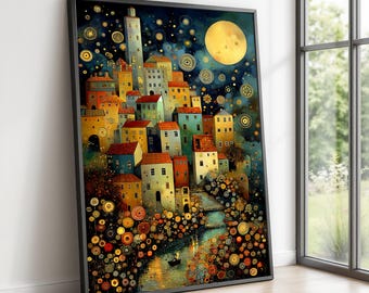 Gustav Klimt Night Village Canvas, Starry Sky Landscape, Moonlit River Scene, Colorful Houses Wall Art, Decorative Canvas Print