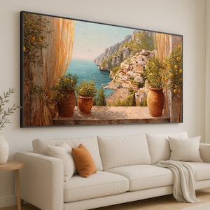 Mediterranean Coastal View Canvas, Italian Village Landscape Wall Art, Tuscan Terrace Painting, Sea and Mountain Decor, Rustic Home