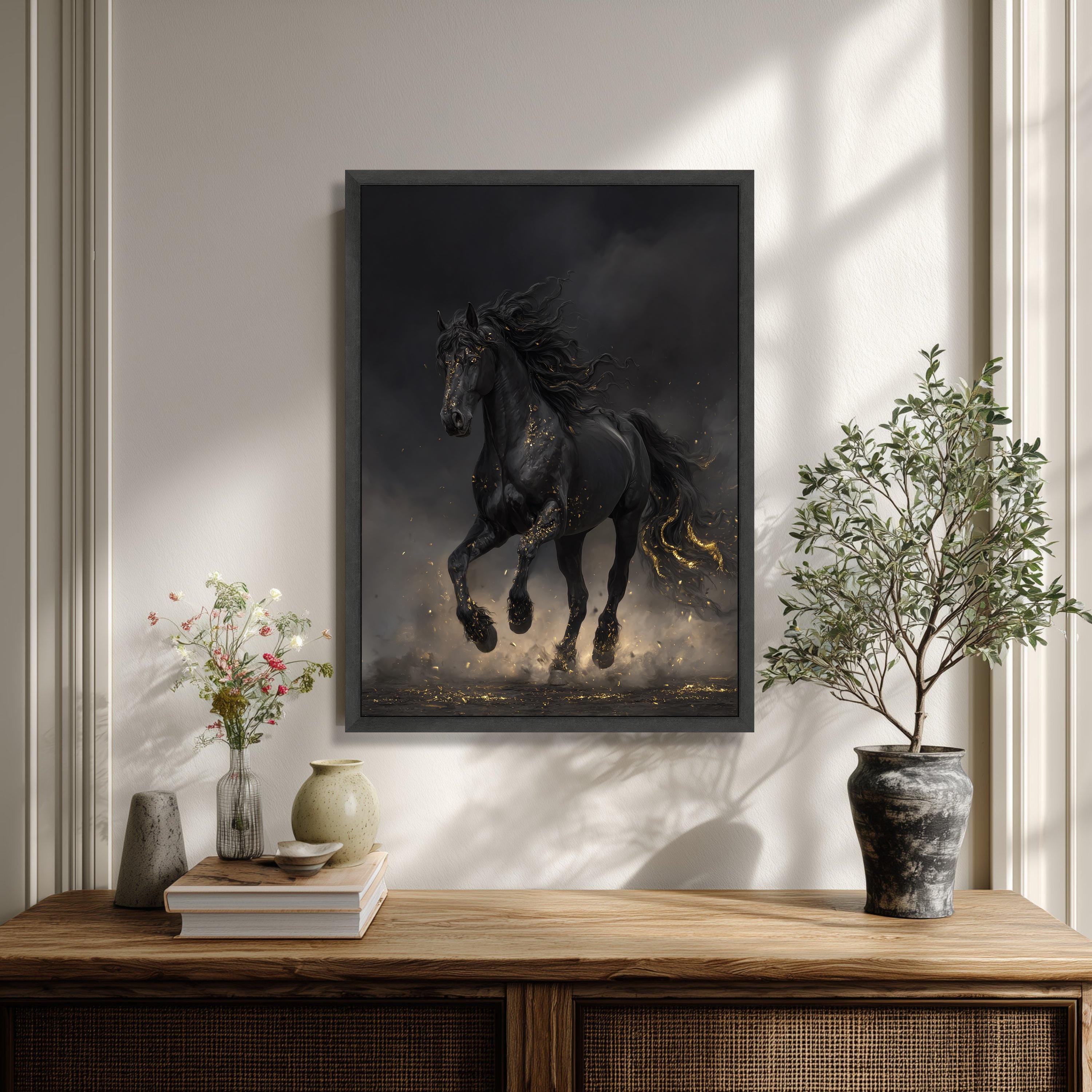 Majestic Black Horse Running Canvas, Elegant Equestrian Wall Art ...
