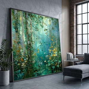 Mystieke bosstroom canvas, Gustav Klimt bloemen natuur kunst aan de muur, rustige bosrijke scène, klaar om op te hangen canvasdecoratie afbeelding 1