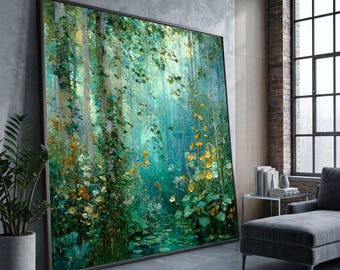 Mystical Forest Stream Canvas, Gustav Klimt Floral Nature Wall Art, Tranquil Woodland Scene, Ready to Hang Canvas Decoration