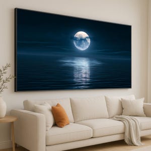 Full Moon Reflection Canvas, Night Ocean Wall Art, Moonlight Water Scene, Serene Coastal Canvas, Tranquil Night Landscape Decor
