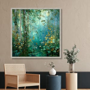 Mystieke bosstroom canvas, Gustav Klimt bloemen natuur kunst aan de muur, rustige bosrijke scène, klaar om op te hangen canvasdecoratie afbeelding 4