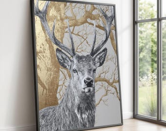 Majestic Stag Portrait Canvas, Deer Wall Art, Wildlife Illustration Canvas, Rustic Nature Decor, Woodland Animal Canvas, Ready to Hang