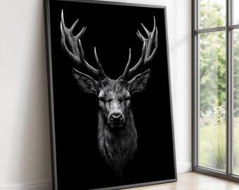 Majestic Stag Portrait Canvas, Black and White Deer Wall Art, Nature Wildlife Decor, Modern Rustic Canvas, Ready to Hang Home Decoration
