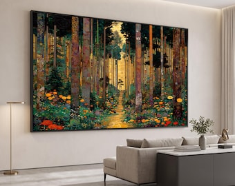 Canvas betoverd bospad, Gustav Klimt Art Levendige boomstam muurkunst, kleurrijke bos bloemen canvas, natuur landschap decoratie