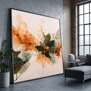Abstract Floral Explosion Canvas, Earth Tone Wall Art, Modern Botanical Canvas, Green and Orange Home Decor, Ready to Hang Artwork