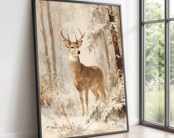 Tela raffigurante un cervo maestoso nella foresta innevata, opera d'arte murale raffigurante la fauna selvatica invernale, dipinto di una scena naturale, decorazione rustica per la casa, pronta da appendere.