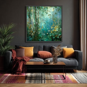 Mystieke bosstroom canvas, Gustav Klimt bloemen natuur kunst aan de muur, rustige bosrijke scène, klaar om op te hangen canvasdecoratie afbeelding 3