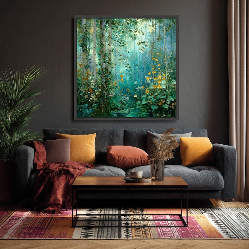 Mystieke bosstroom canvas, Gustav Klimt bloemen natuur kunst aan de muur, rustige bosrijke scène, klaar om op te hangen canvasdecoratie afbeelding 3