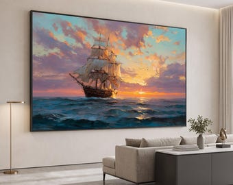 Sunset Sailing Ship Canvas, Nautical Wall Art, Ocean Seascape Painting, Vintage Sailboat Canvas, Coastal Home Décor, Ready to Hang Artwork