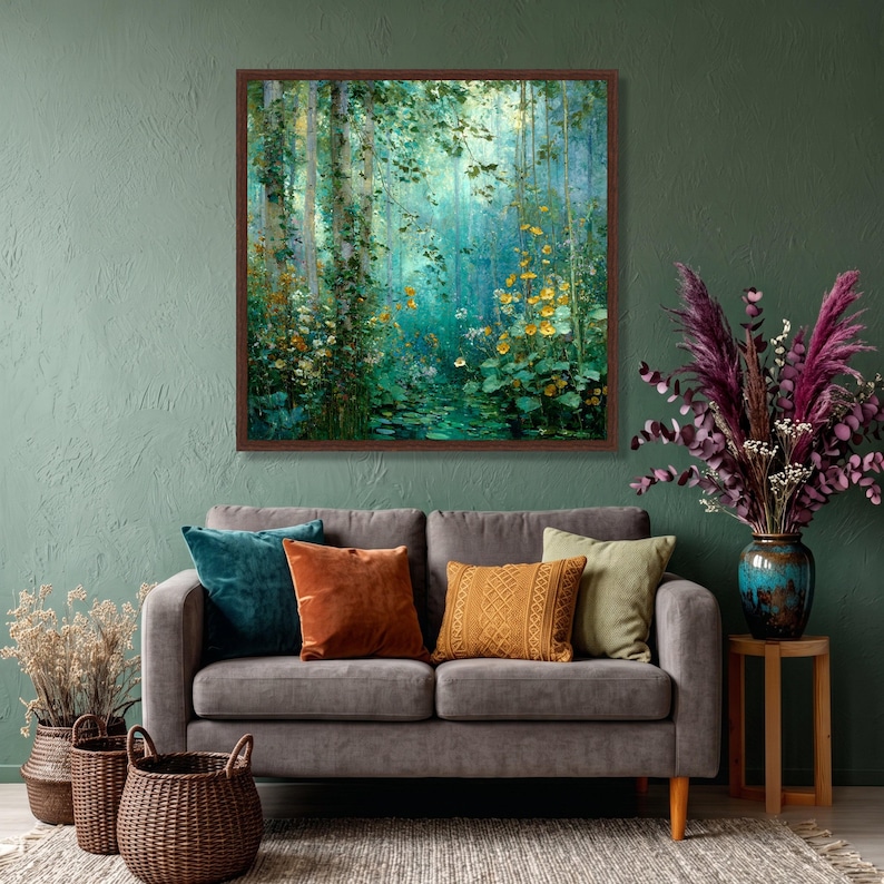 Mystieke bosstroom canvas, Gustav Klimt bloemen natuur kunst aan de muur, rustige bosrijke scène, klaar om op te hangen canvasdecoratie afbeelding 7