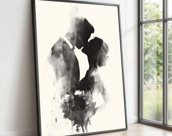 Lienzo con silueta de pareja romántica, arte de boda en blanco y negro, pintura abstracta de amor, decoración moderna para el hogar, arte mural para momentos íntimos