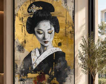 Elegant Geisha Portrait Canvas Wall Art, Asian Female Artwork, Gold and Black Japanese Style Home Decor, Modern Oriental Painting, Ready to
