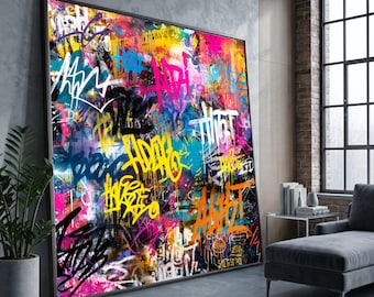 Bunt Urban Graffiti Leinwand Wandkunst, Abstraktes Street Art Design, Lebendiges Sprühfarbe Wandbild, Modernes Wohndekor, Bereit zum Aufhängen
